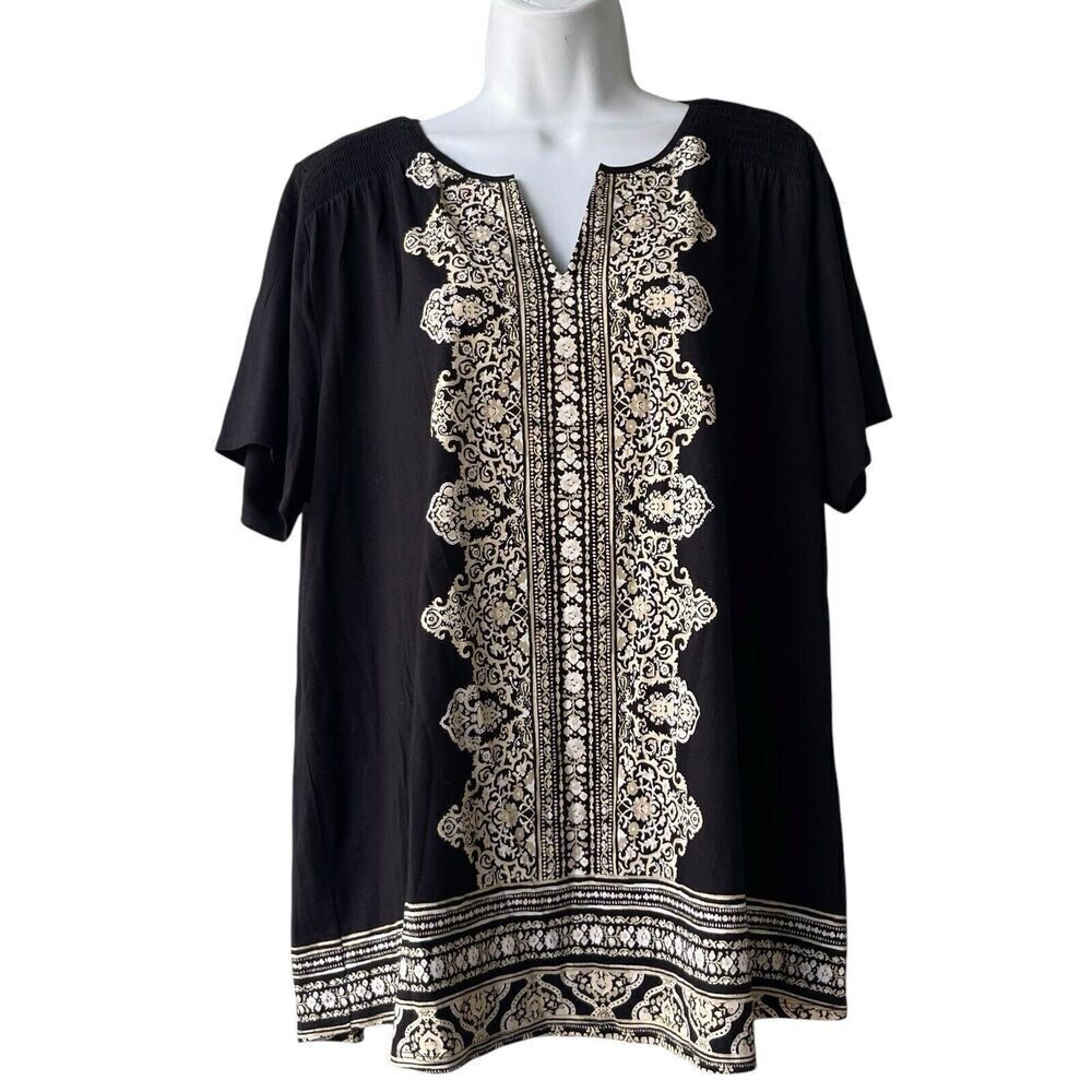 CROFT BARROW Boho Top Plus Sz 1X Black V-neck Short Sleeve Cotton Blend Blouse